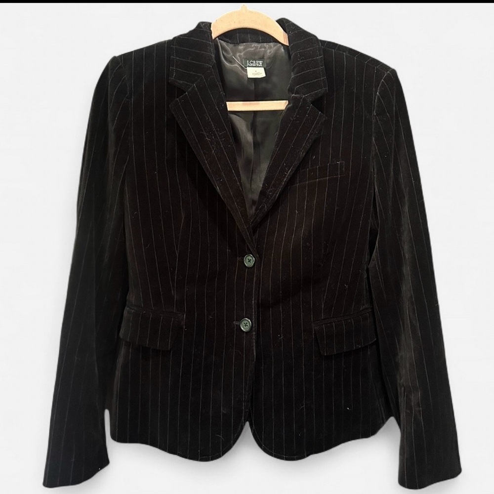 Y2K J.Crew Black Pinstripe Velvet Blazer Dark Academia Office Siren Size 8 - Picture 2 of 11